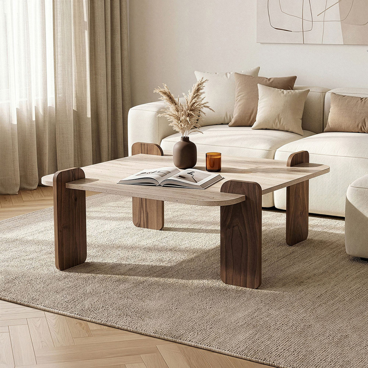 Table basse carrée effet travertin beige 90x90cm - TASI