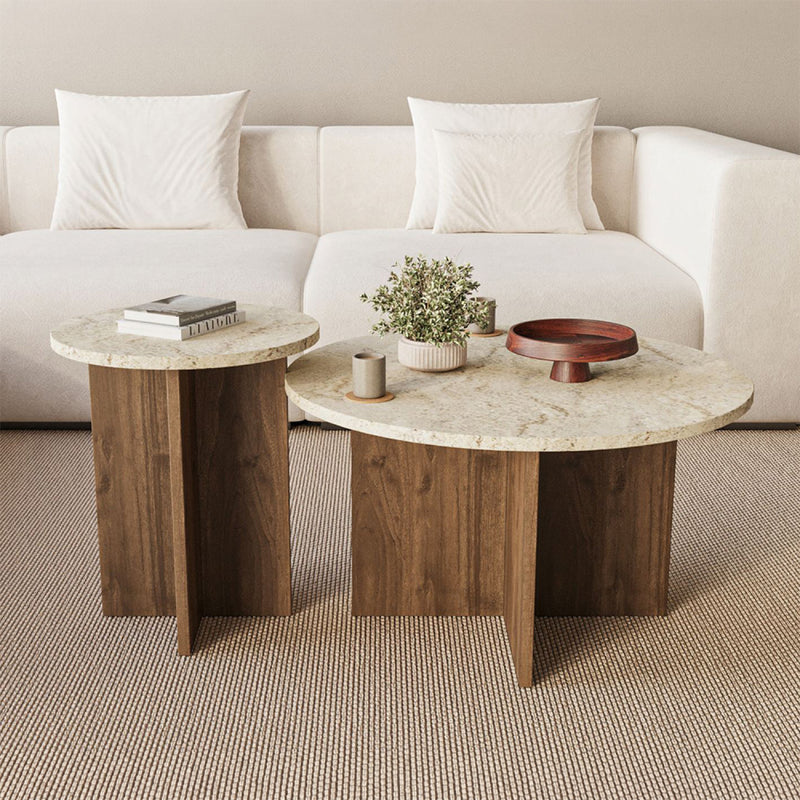 Ensemble de 2 tables basses rondes effet travertin beige TRAVI