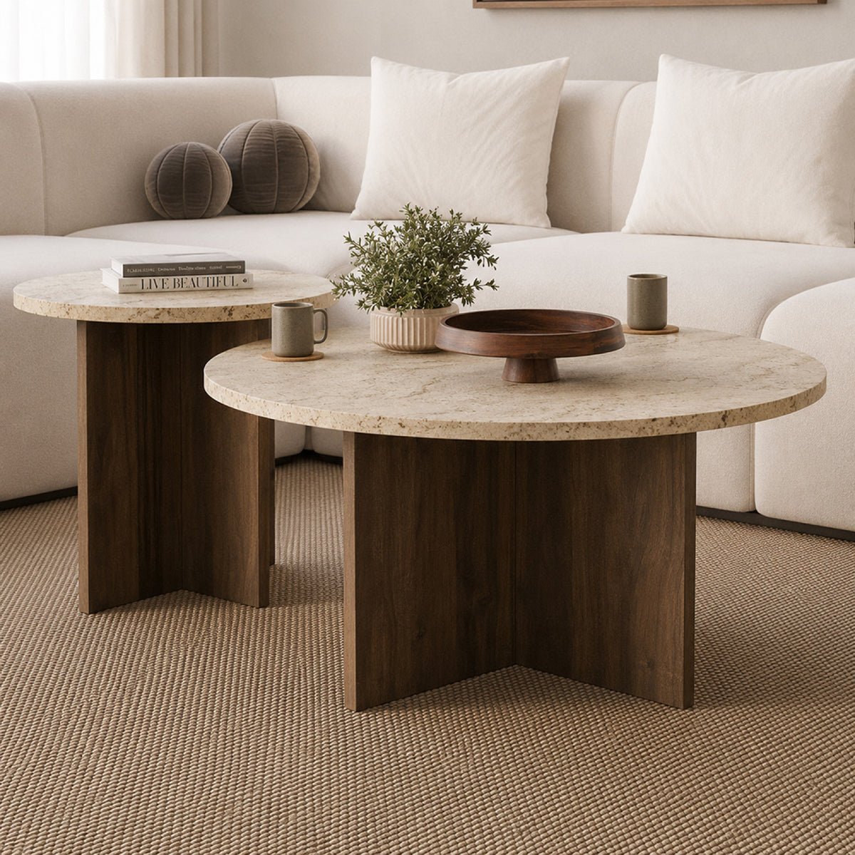 Ensemble de 2 tables basses rondes effet travertin beige TRAVI