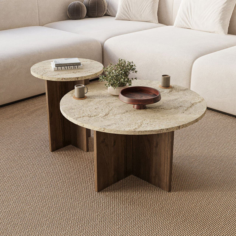 Ensemble de 2 tables basses rondes effet travertin beige TRAVI