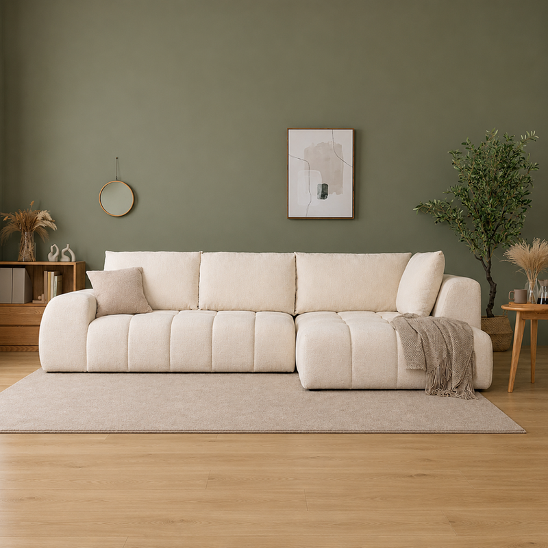 Canapé d'angle nuage 5 places en tissu chenille beige CHESTER