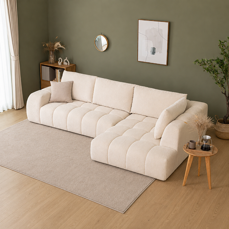 Canapé d'angle nuage 5 places en tissu chenille beige CHESTER