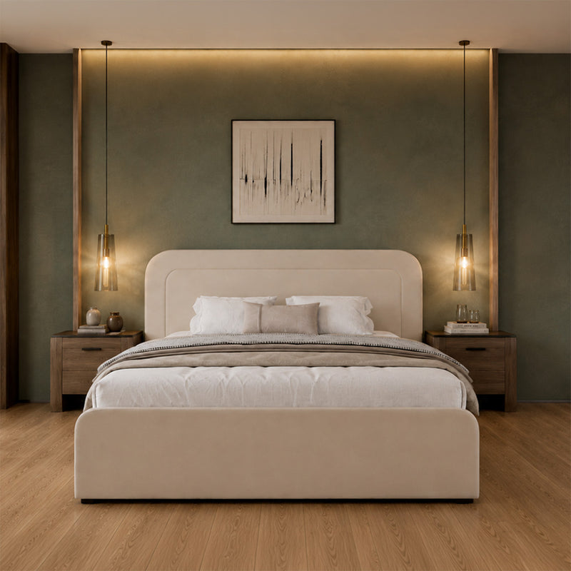 Lit avec coffre de rangement 140x190cm en velours beige BOISE