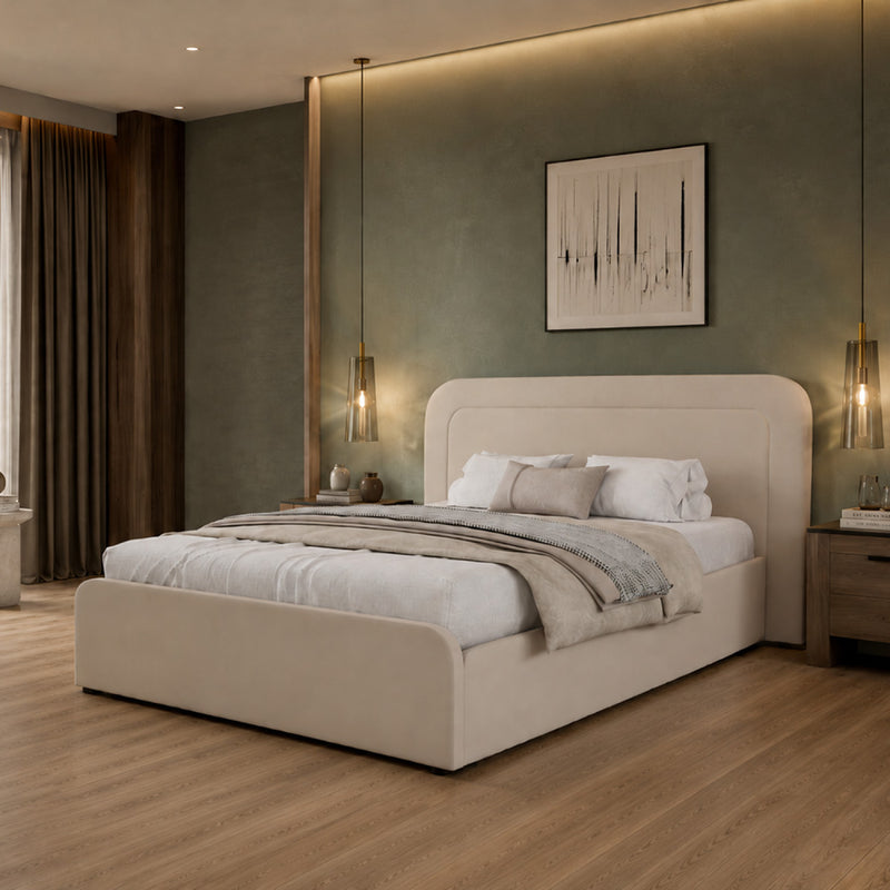 Lit avec coffre de rangement 140x190cm en velours beige BOISE