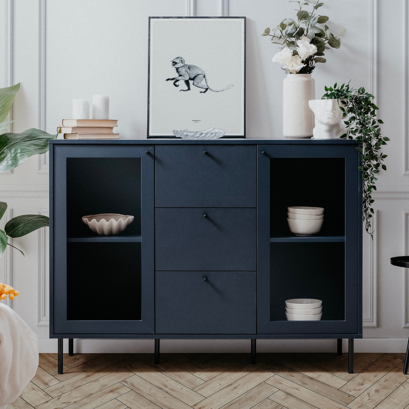 Buffet haut bleu marine design tiroirs et portes Lanzarote ambiance