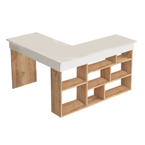 Bureau d'angle avec rangements blanc et bois fond blanc