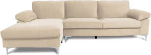 Canapé d'angle en velours beige sur fond blanc