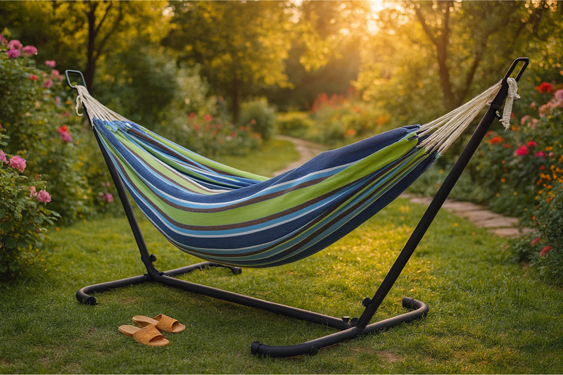 capacabana bleu et vert hamac ambiance jardin