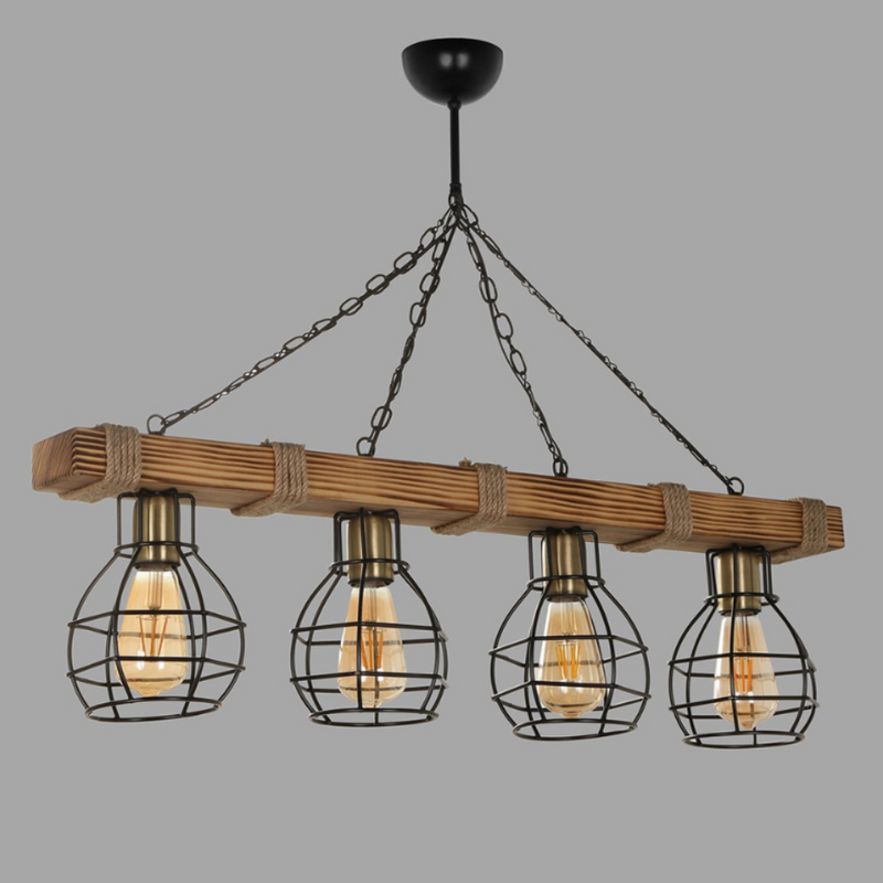 suspension 4 lampes filaire chaînes bois et métal lou fond gris  concept usine