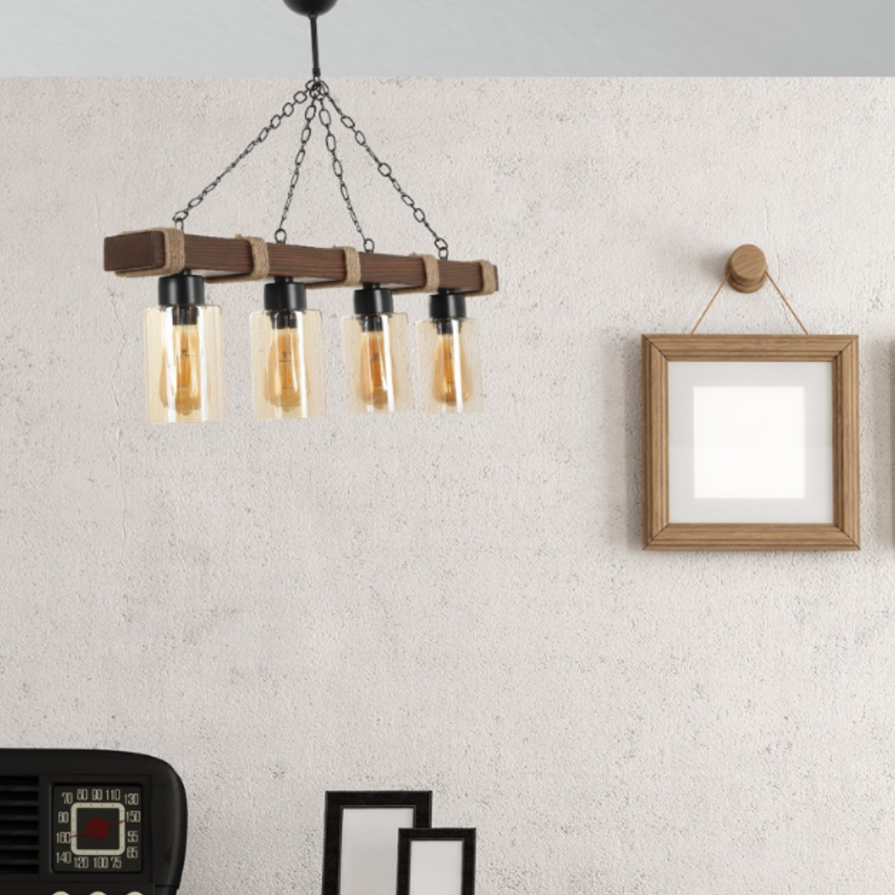 chandelier 4 ampoules avec chaînes et bois saphia ambiance concept usine