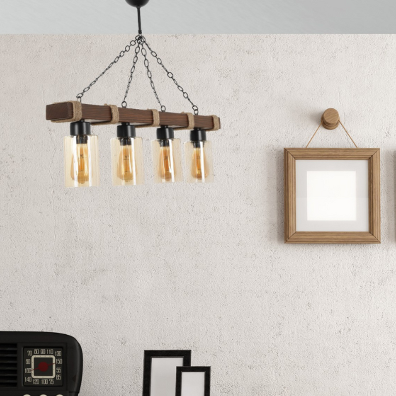 chandelier 4 ampoules avec chaînes et bois saphia ambiance concept usine