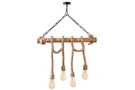 suspension 4 lampes bois et cordes loane fond blanc ampoules allumées concept usine