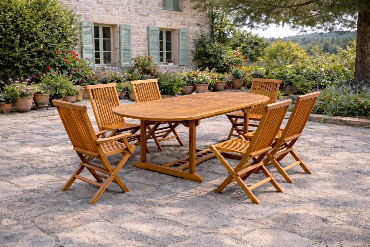 salon de jardin en teck huilé 4 chaises et 2 fauteuils