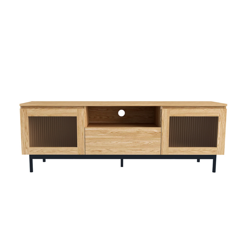 Meuble TV Prague en bois avec portes en verre flûté - fond blanc 1