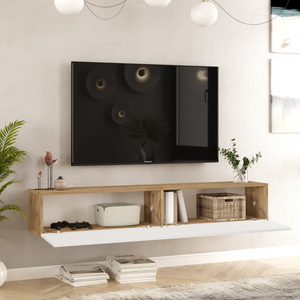 Meuble TV suspendu avec rangements bois et blanc