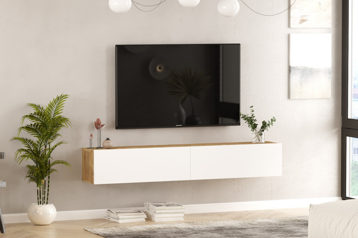 Meuble Tv suspendu Hyl bois et blanc