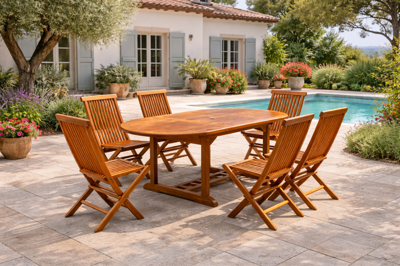 Salon de jardin repas en teck huilé 6 chaises