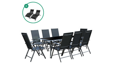 salon de jardin 8 places et 2 transats noir rimini bahia fond blanc