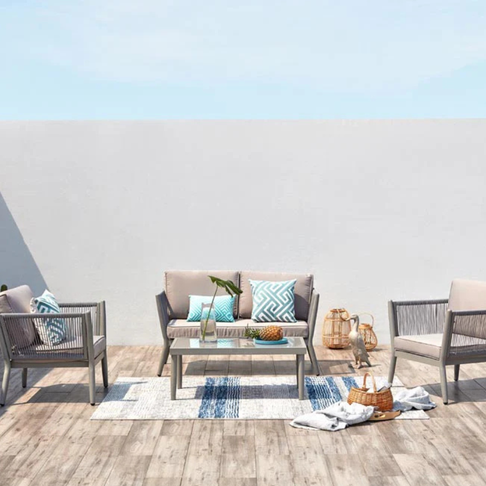 salon de jardin 4 places en aluminium et corde Gris clair