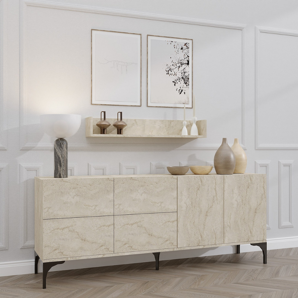 buffet 180 cm 6 portes et étagère murale travertin aura aambiance 3 quarts concept usine
