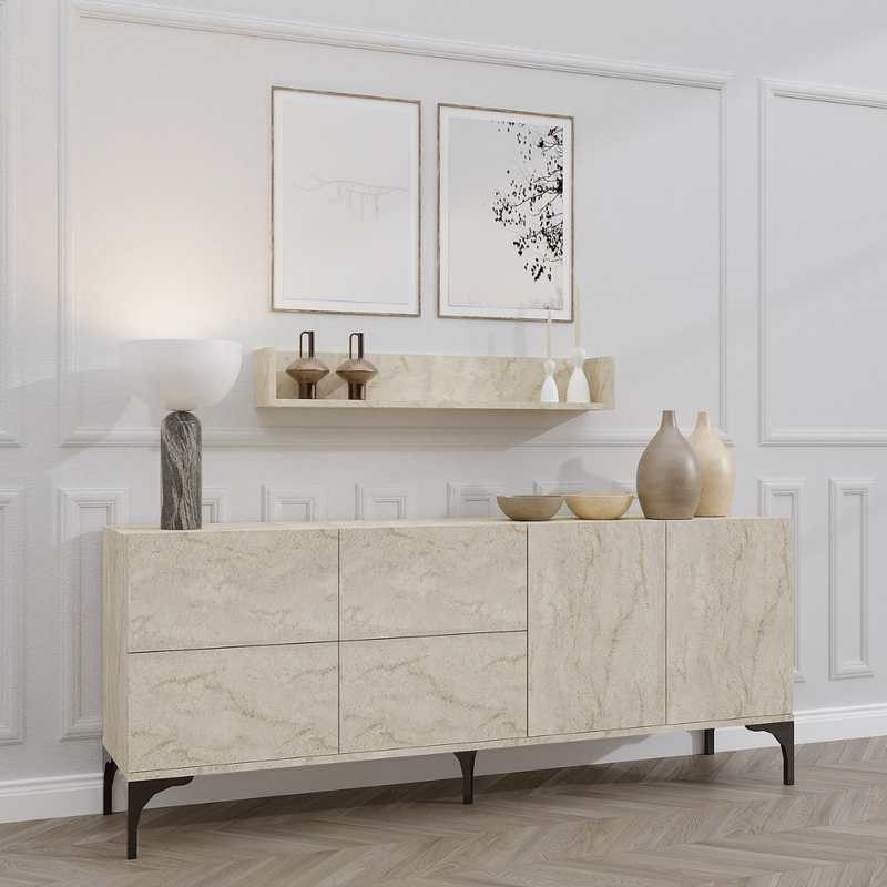 buffet 180 cm 6 portes et étagère murale travertin aura aambiance 3 quarts concept usine