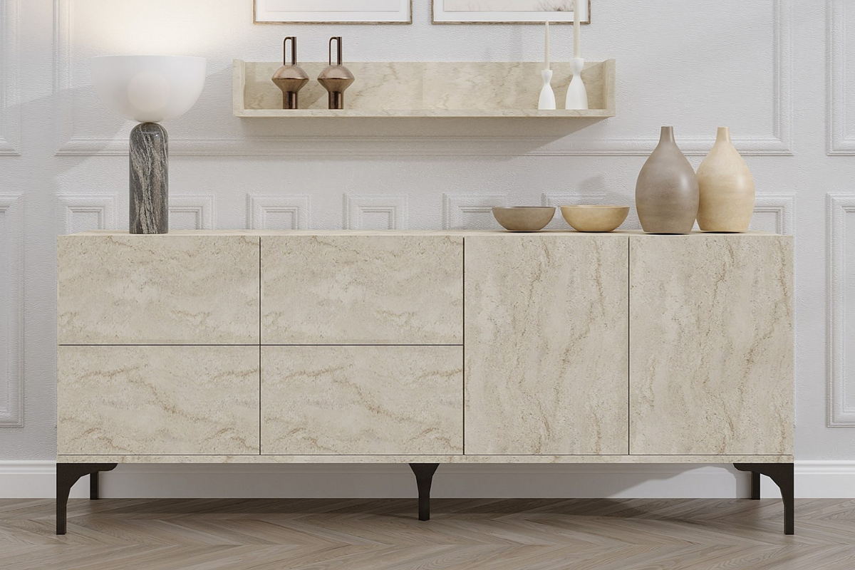 buffet 180 cm 6 portes et étagères murale travertin aura rectangle concept usine