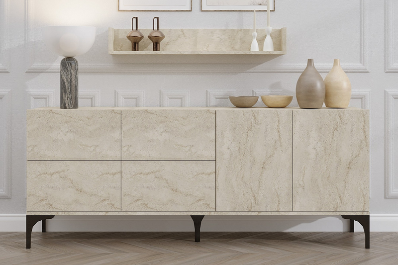 buffet 180 cm 6 portes et étagères murale travertin aura rectangle concept usine