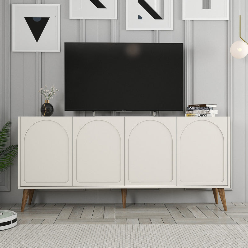 Buffet 4 portes design arrondi crème 180x81cm Lister disposition meuble tv