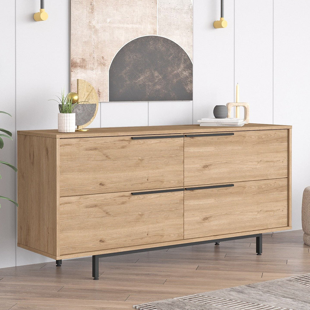 Buffet 4 portes finition bois et métal noir 160x75cm Abey vue de 3/4