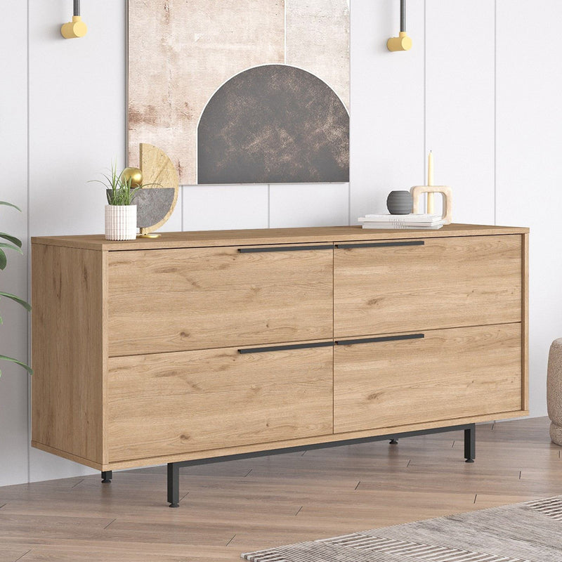 Buffet 4 portes finition bois et métal noir 160x75cm Abey vue de 3/4