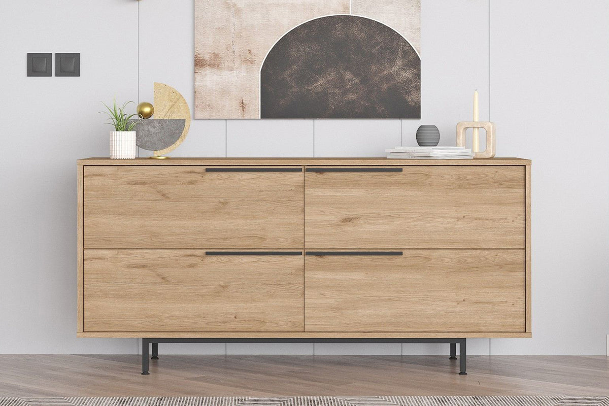 Buffet 4 portes finition bois et métal noir 160x75cm Abey photo d'ambiance
