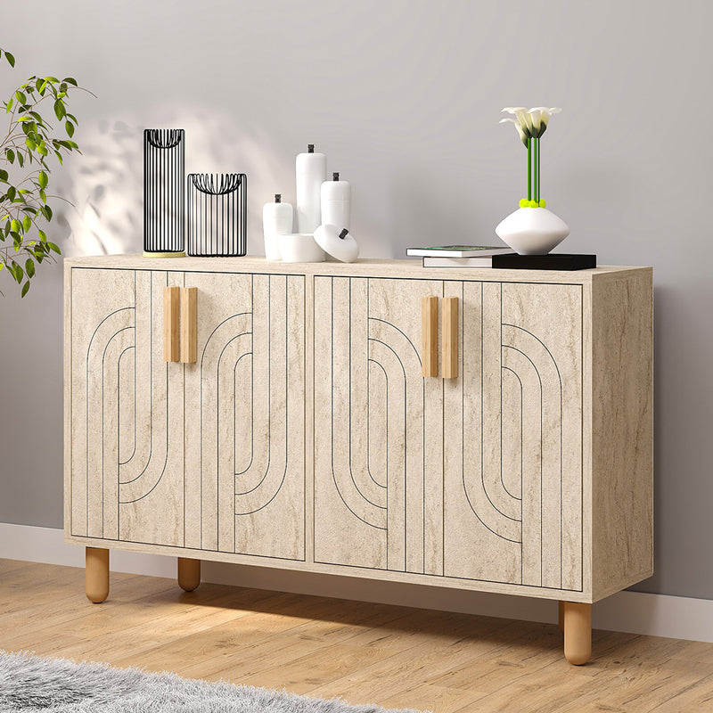 Buffet à 4 portes effet travertin nervuré 120x73cm Rody vue de 3/4