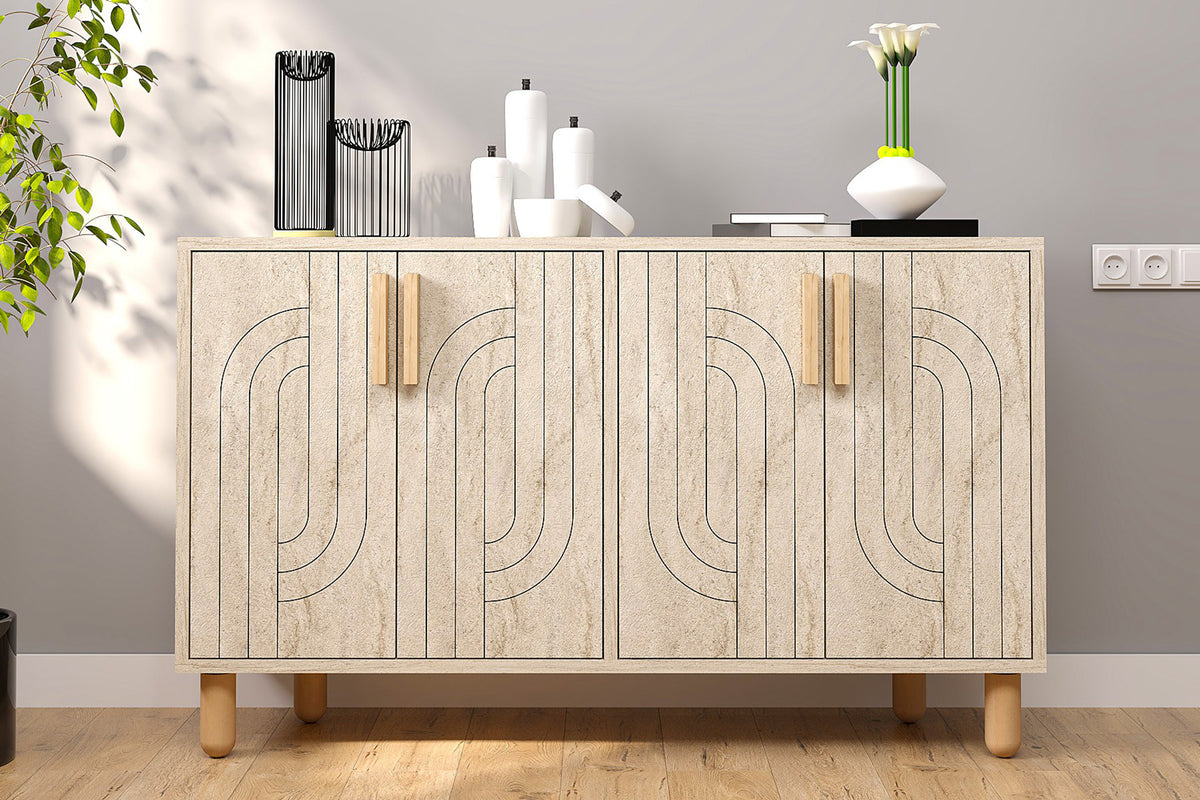 Buffet à 4 portes effet travertin nervuré 120x73cm Rody photo d'ambiance