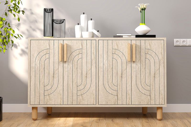 Buffet à 4 portes effet travertin nervuré 120x73cm Rody photo d'ambiance