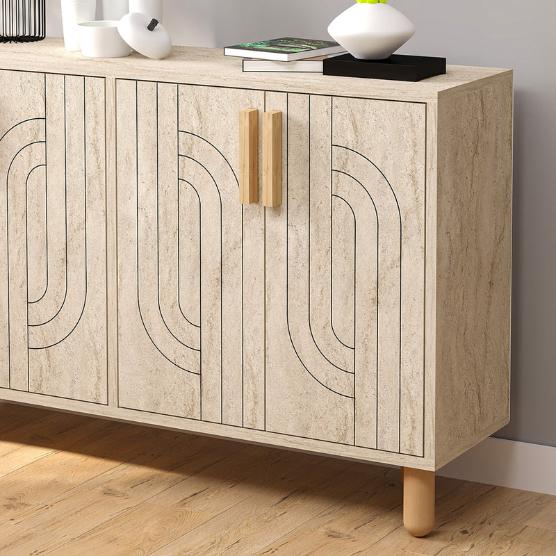 Buffet à 4 portes effet travertin nervuré 120x73cm Rody zoom sur la finition et le design