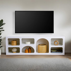 Buffet bas 7 niches design organique blanc 160x50cm Ferlis design type béton ciré