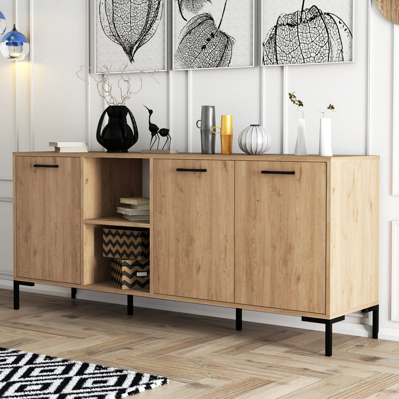 Buffet 3 portes et 2 niches finition bois et métal noir 180x80cm Aura vue de 3/4