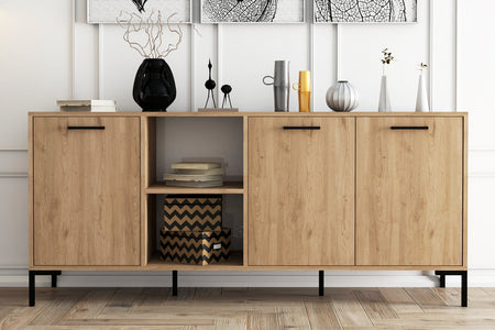 Buffet 3 portes et 2 niches finition bois et métal noir 180x80cm Aura photo d'ambiance