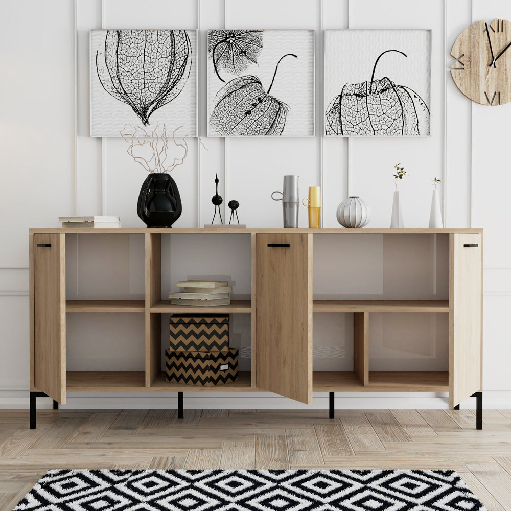 Buffet 3 portes et 2 niches finition bois et métal noir 180x80cm Aura portes ouvertes