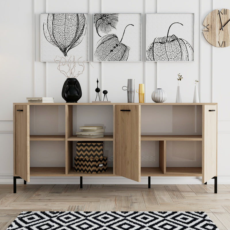 Buffet 3 portes et 2 niches finition bois et métal noir 180x80cm Aura portes ouvertes