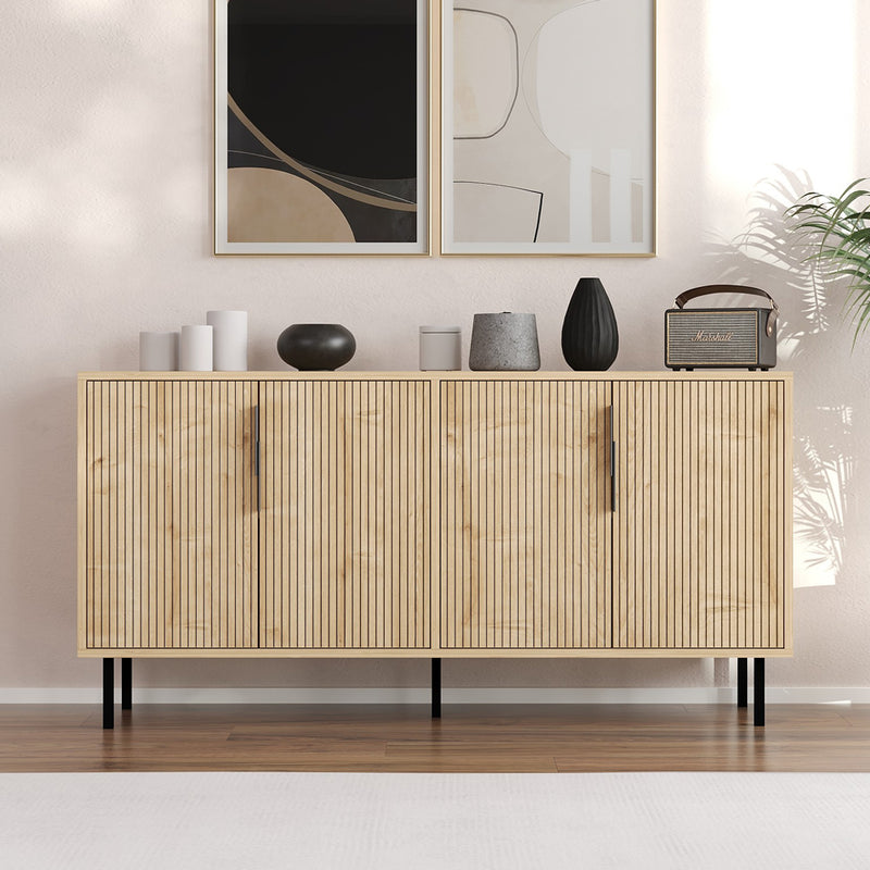 Buffet cannelé 4 portes aspect bois 150x75cm Ciaro vue de face