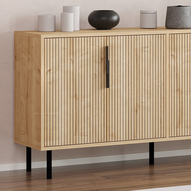 Buffet cannelé 4 portes aspect bois 150x75cm Ciaro zoom sur les détails 
