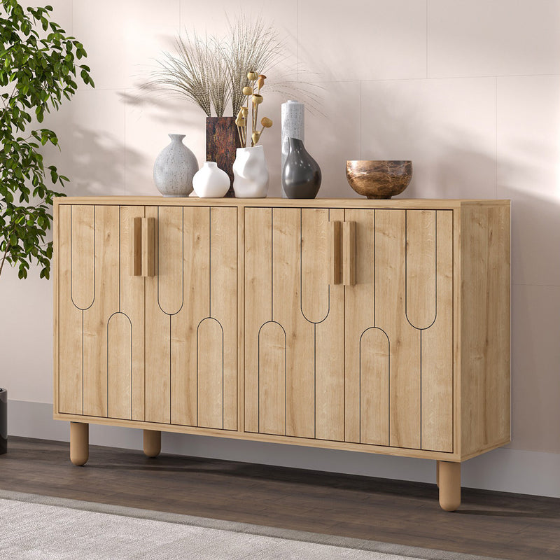 Buffet 4 portes aspect bois design graphique 120x73cm Vinci vue de 3/4