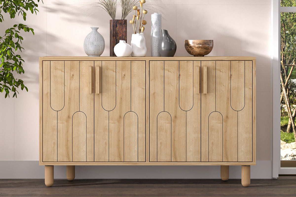 Buffet 4 portes aspect bois design graphique 120x73cm Vinci photo d'ambiance