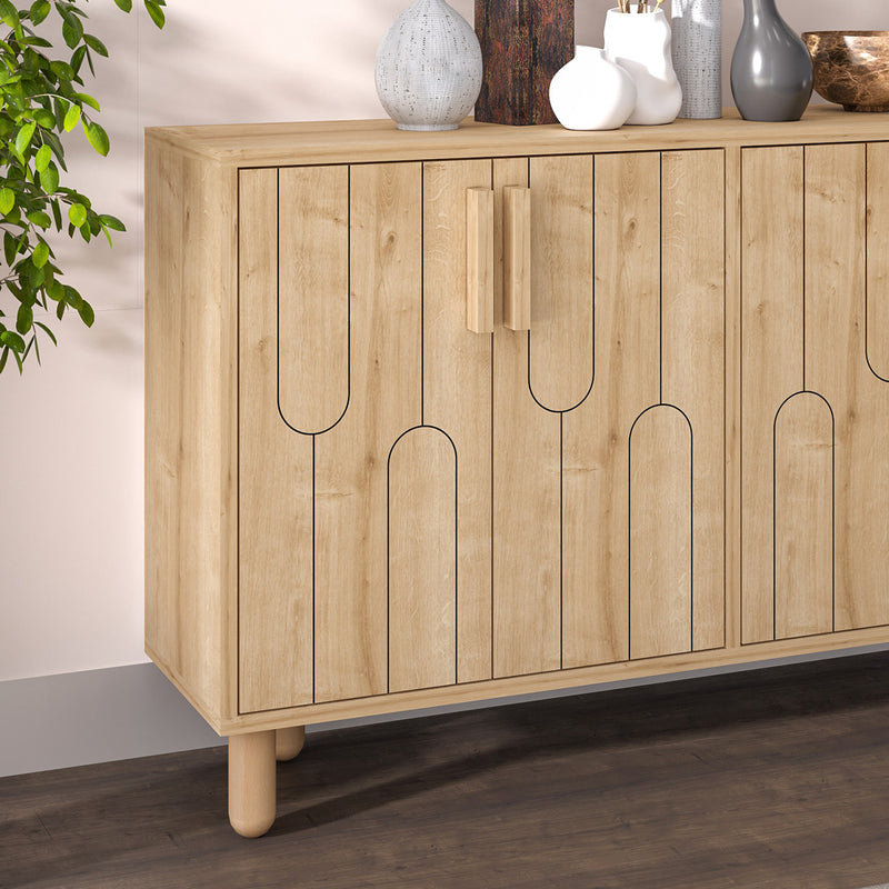 Buffet 4 portes aspect bois design graphique 120x73cm Vinci zoom sur les détails des portes