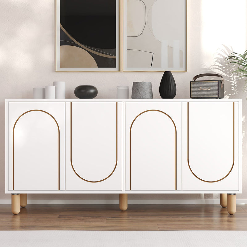 Buffet 4 portes blanc design graphique 150x73cm Viret vue de face