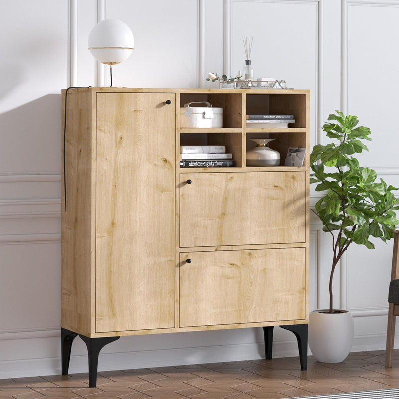 Buffet haut 3 portes et 4 niches couleur chêne 100x125cm Ewa avec placards et espaces de rangement ouverts