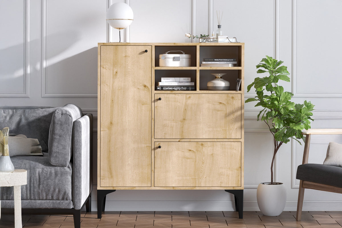 Buffet haut 3 portes et 4 niches couleur chêne 100x125cm Ewa photo d'ambiance