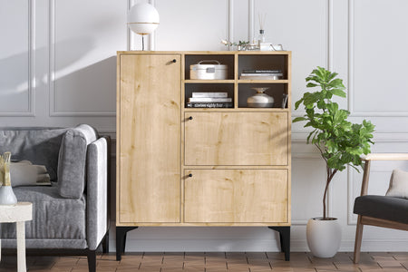 Buffet haut 3 portes et 4 niches couleur chêne 100x125cm Ewa photo d'ambiance