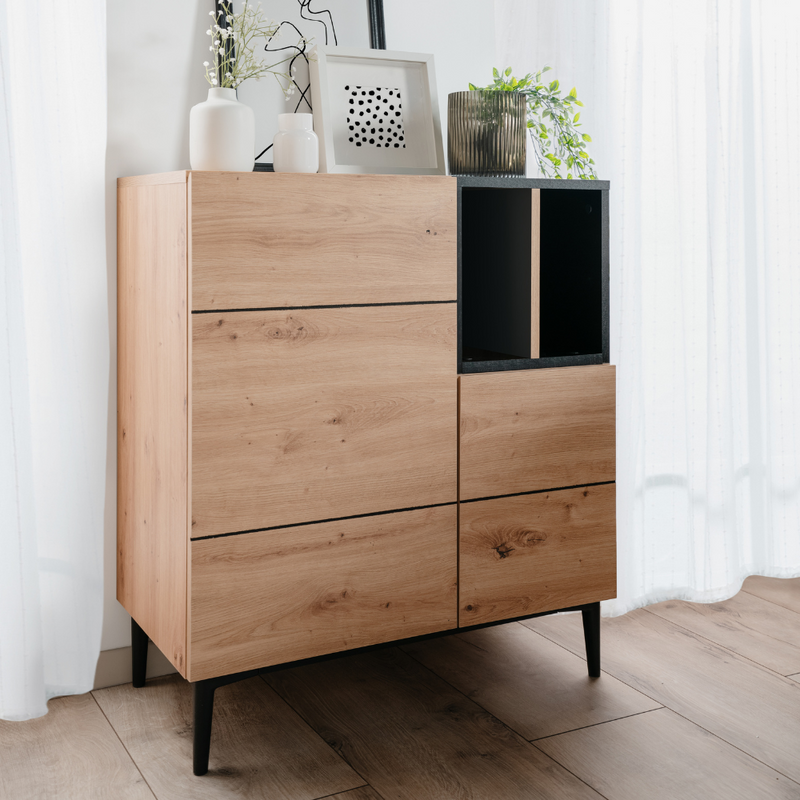 Buffet Novi style industriel noir et bois Concept-usine ambiance de face étagère bois